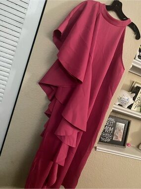 Midnight Velvet Hot Pink Evening Dress with Ruffle Detail